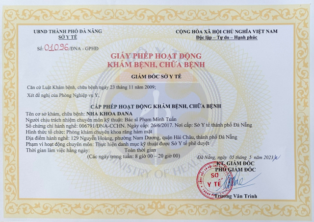 giấy phép hoạt động nha khoa dana tại đà nẵng